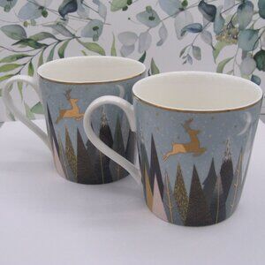 Portmeirion Sara Miller 2 Mugs Frosted Pines Flying Deer 12 Oz Gold Trim New